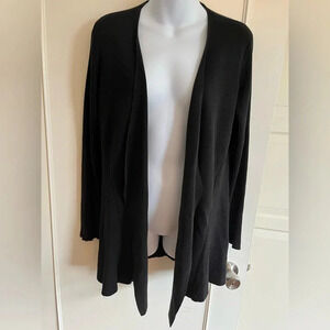 Eileen Fisher, silk asymmetrical, black, long  sleeve cardigan, size medium.